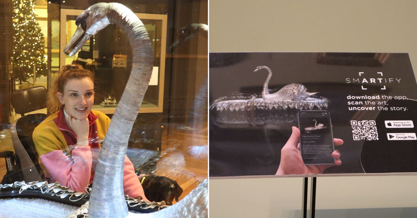 blogger kate looking at The Silver Swan inside The Bowes Museum, and picture of the sign about The Silver Swan